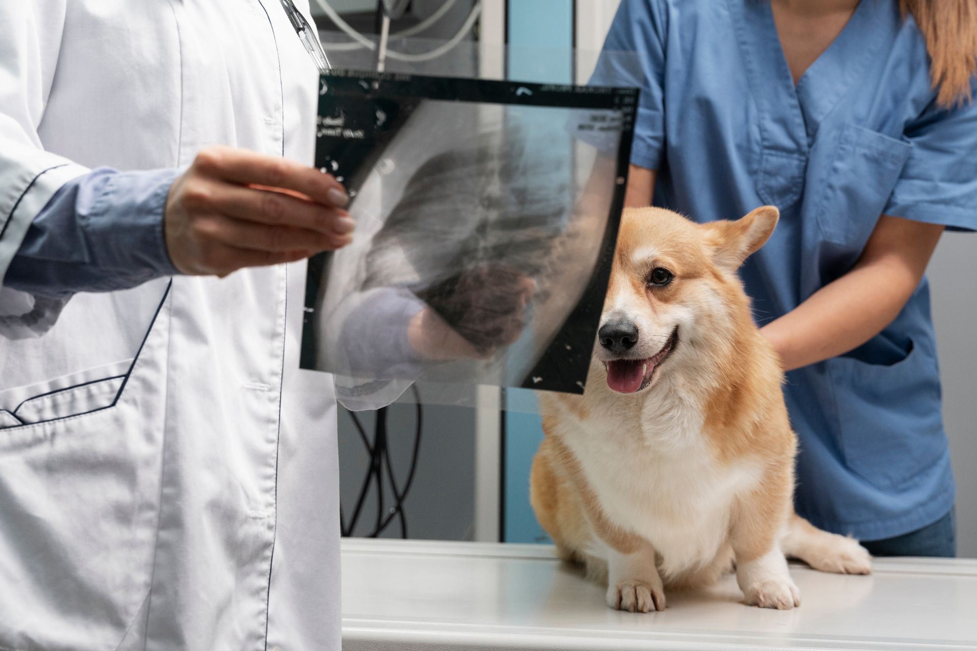 vet examining x-ray while dog looking at it